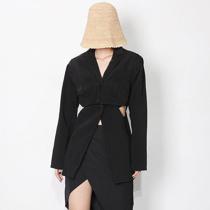 Shoulder Pad Waist Stitching Hollow Solid Color Small Suit - Trendha