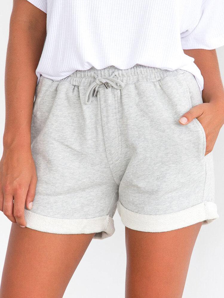 Women's Simple Solid Color Drawstring Pocket High Waist Shorts - Trendha