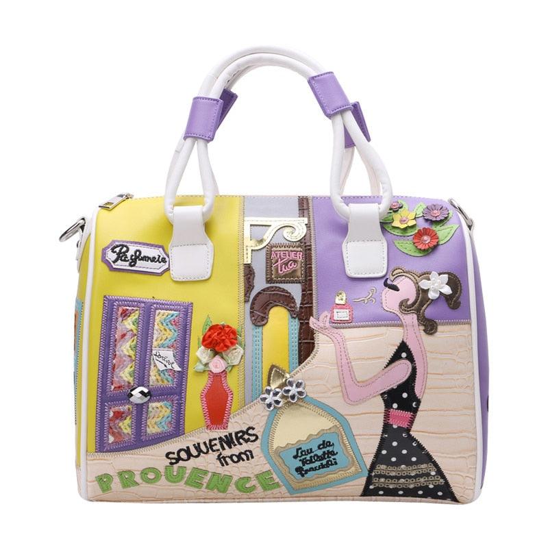 Women's European and American Style Solid Zipper Tote with Cartoon Embroidery - The Perfect Travel & Messenger Handbag - Trendha