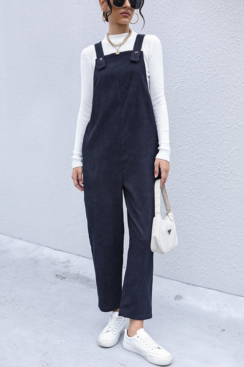 Button Detail Corduroy Overalls with Side Pockets - Trendha