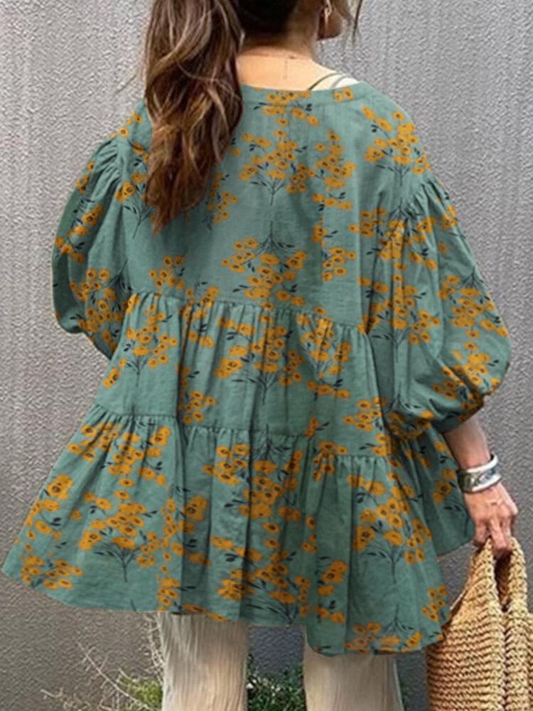 Flower Print Button Front Ruffle Pleated Casual Puff Sleeve Blouses For Women - Trendha