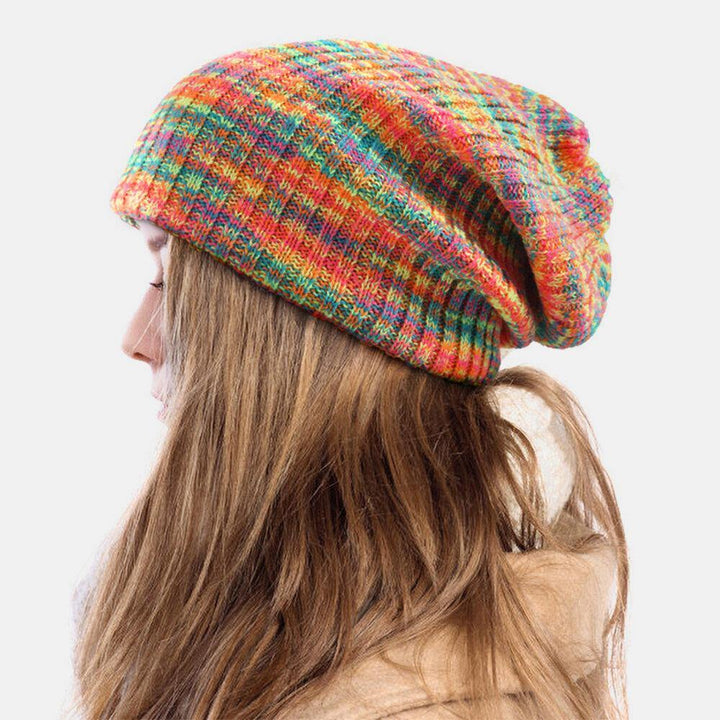 Unisex Woolen Mixed Rainbow Color Stripes Pattern Plus Velvet Thick Warm Couple Hat Beanie Knitted Hat - Trendha