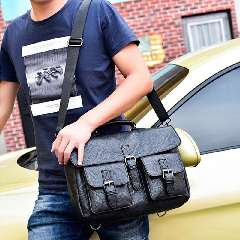 Men PU Leather Canvas Large Capacity 14 Inch Multifuntion Briefcase Crossbody Bags Handbag Backpack - Trendha