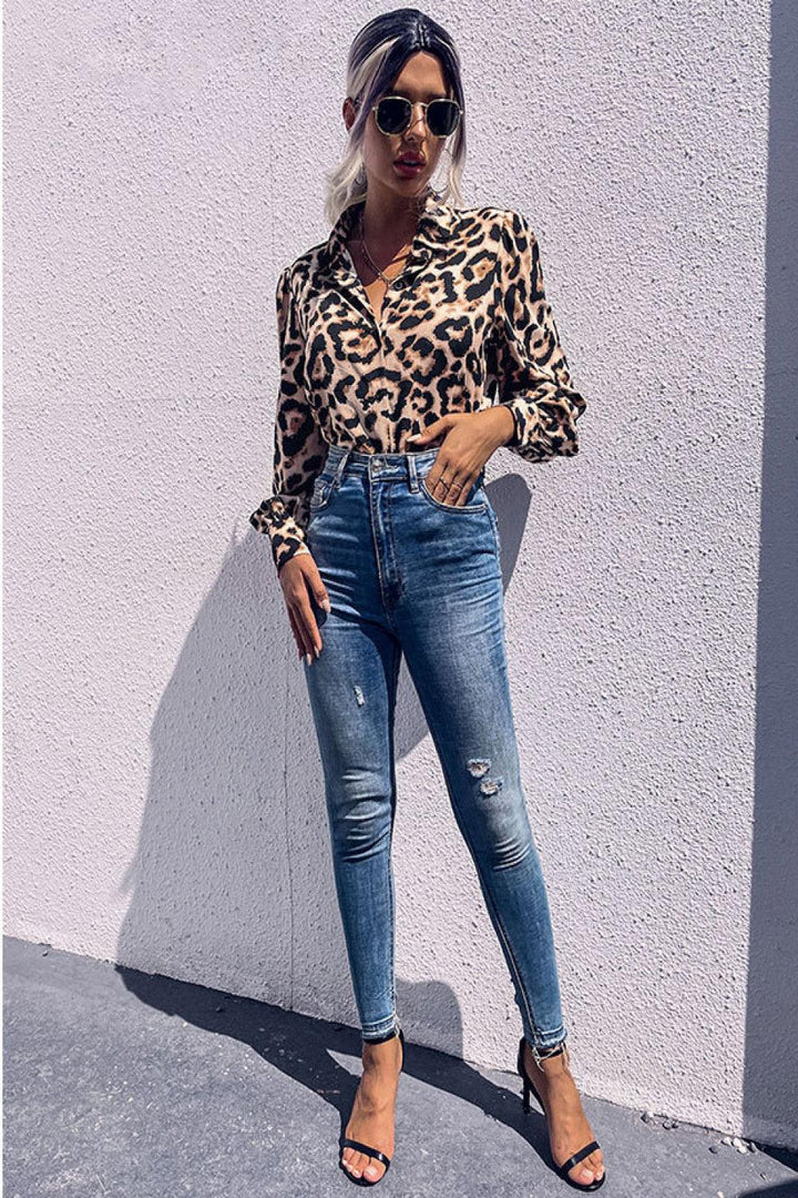 Leopard Printed Button Down Blouse - Trendha