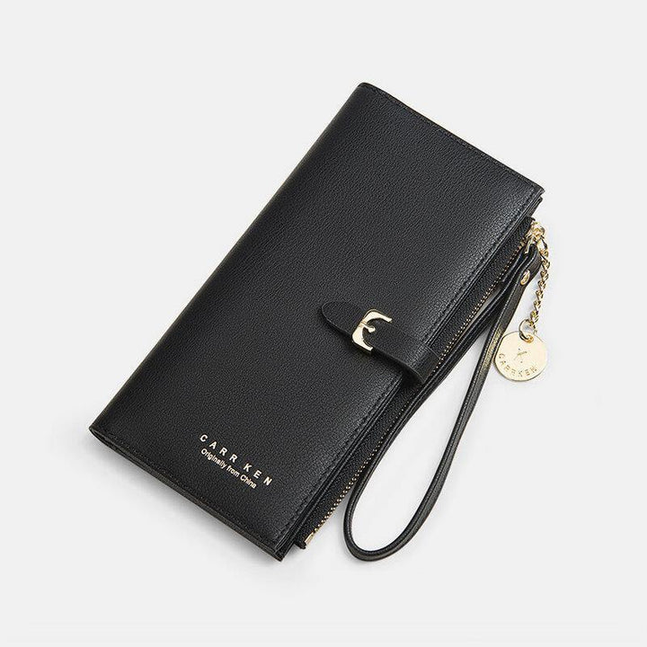 Women PU Leather Thin Solid Color Bifold Long Purse Card Holder Wallet - Trendha