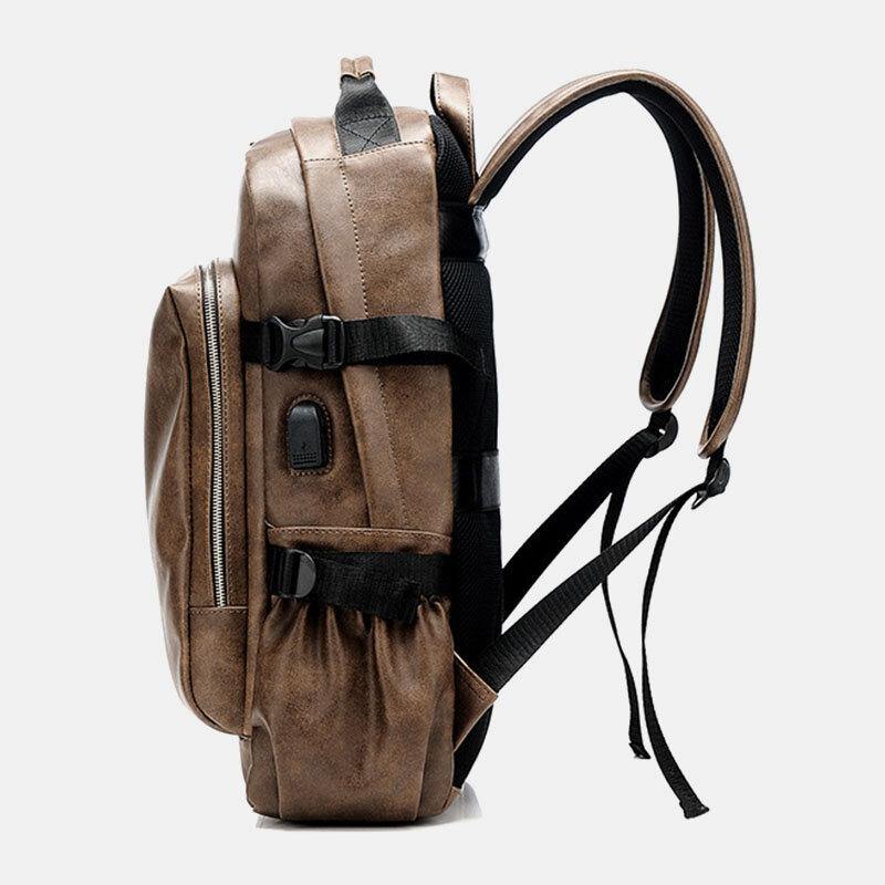 Men PU Leather USB Charging Business Casual Waterproof 14 Inch Laptop Bag Student School Bag Adjustable Backpack - Trendha