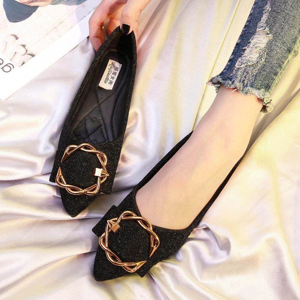 Women Rhinestone Pointed Toe Suede Decor Flats Shoes - Trendha