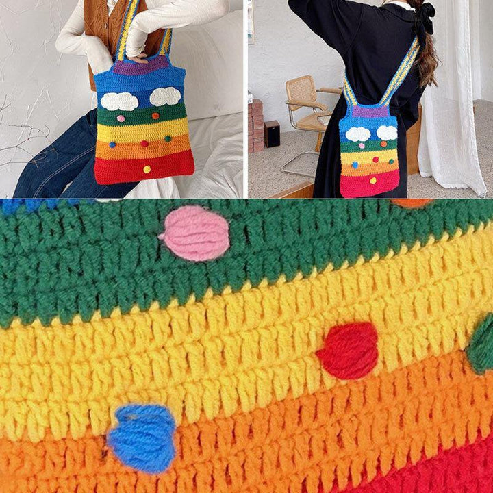 Women Rainbow Stripe Cartoon Cute Casual Youth Wool Knitted Bag Handbag Tote Crossbody Bag - Trendha