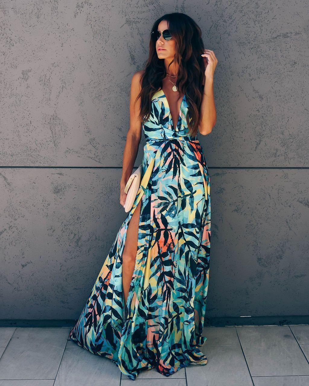 Sleeveless Botanical-Print V-Neck Maxi Dress