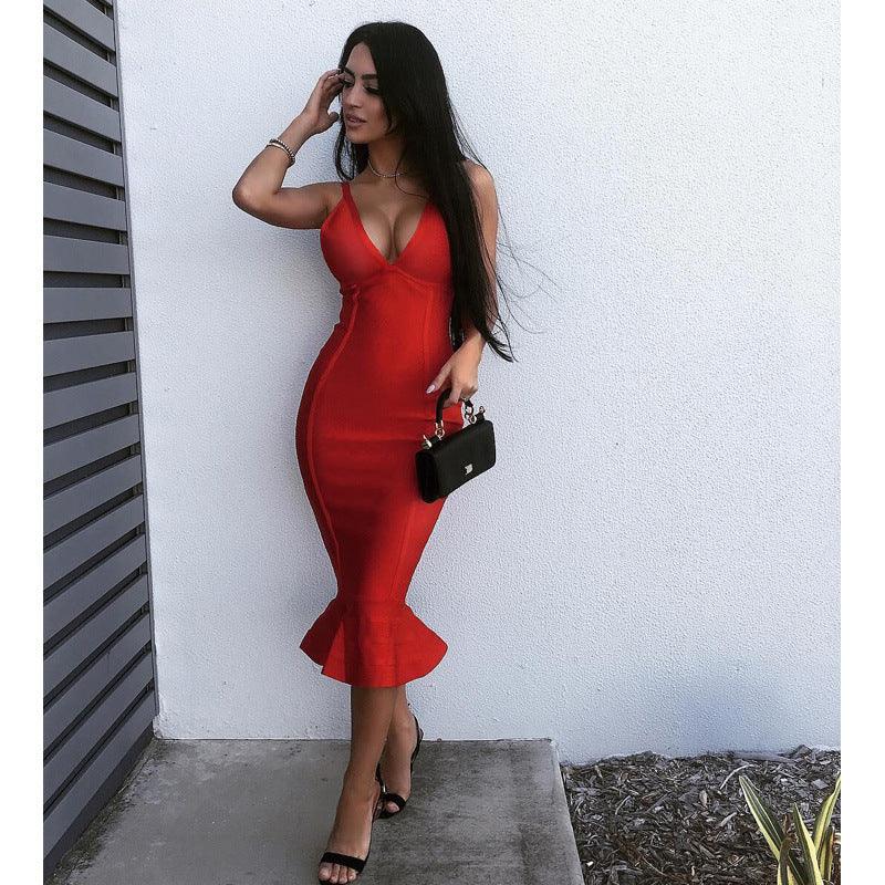 V-neck bandage fishtail dress - Trendha