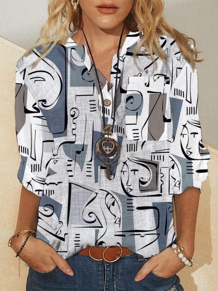 Graffiti Abstract Print V-neck Long Sleeve Shirt For Women - Trendha