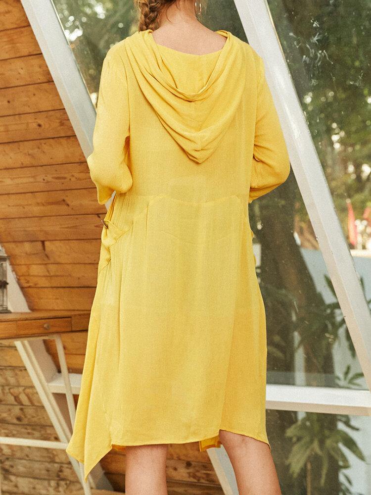 Women Solid Color Irregular Hem Loose Casual Hooded Midi Dress With Pocket - Trendha