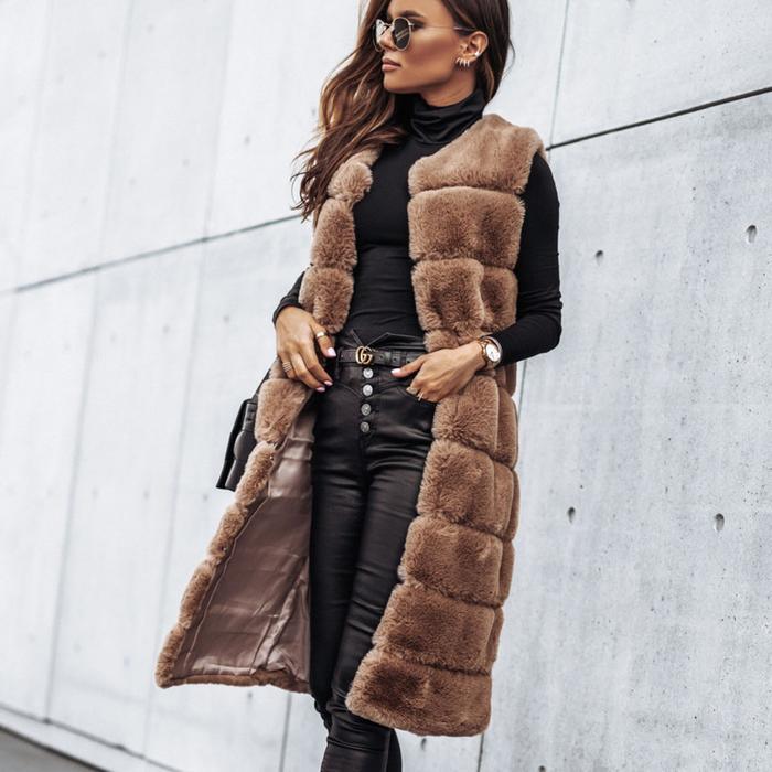 Long round neck fur vest jacket - Trendha