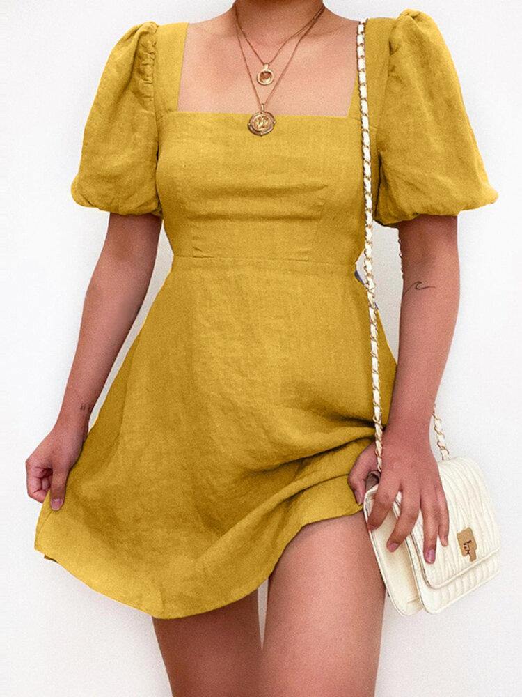 Casual Plain Square Neck Puff Sleeve A-line Mini Dress - Trendha