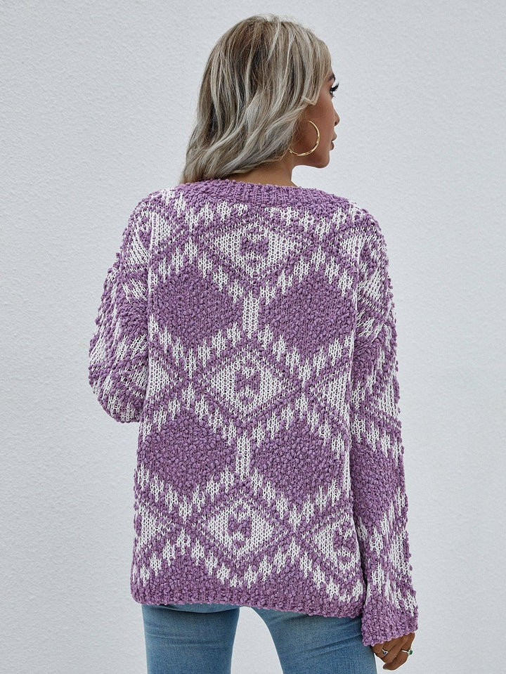 Geometric Print Chunky Knit Sweater - Trendha