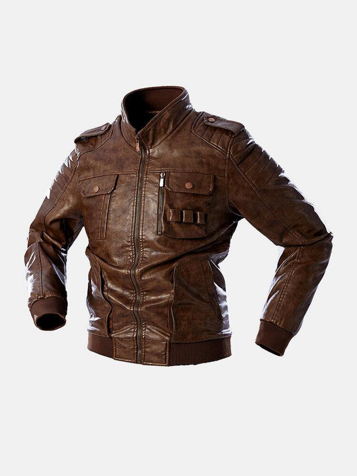 Mens Zipper Multi-Pocket Stand Collar PU Leather Motorcycle Jackets - Trendha