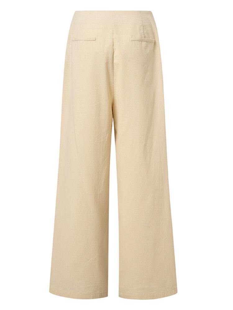 Women Zipper High Waist Side Button Wide Leg Pants Casual Bottoms With Pocket - Trendha
