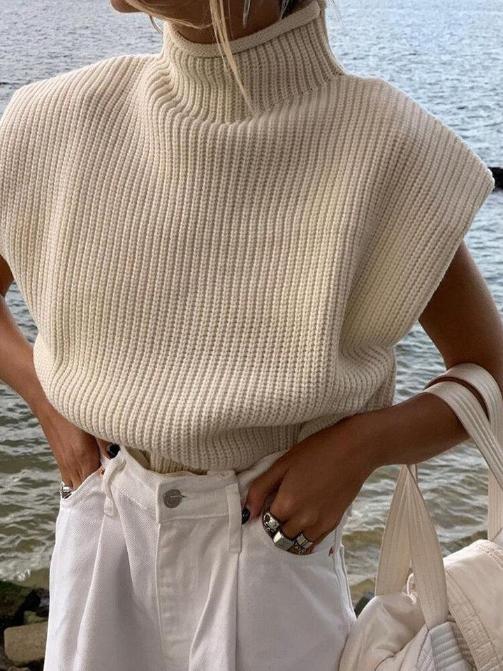 Women High Neck Solid Color Shoulder Padded Cap Sleeve Knitted Sweaters - Trendha