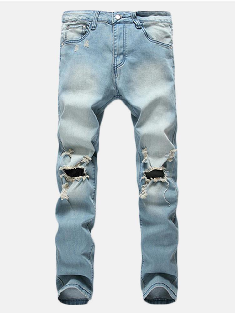 Mens Holes Fashion Casual Straight Legs Jeans Vintage Light Blue Denim Pants - Trendha