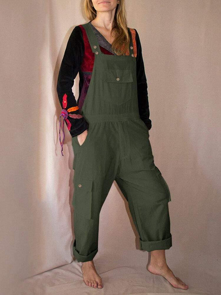 Women Solid Color Straps Button Detail Front Pocket Casual Loose Cargo Jumpsuit - Trendha