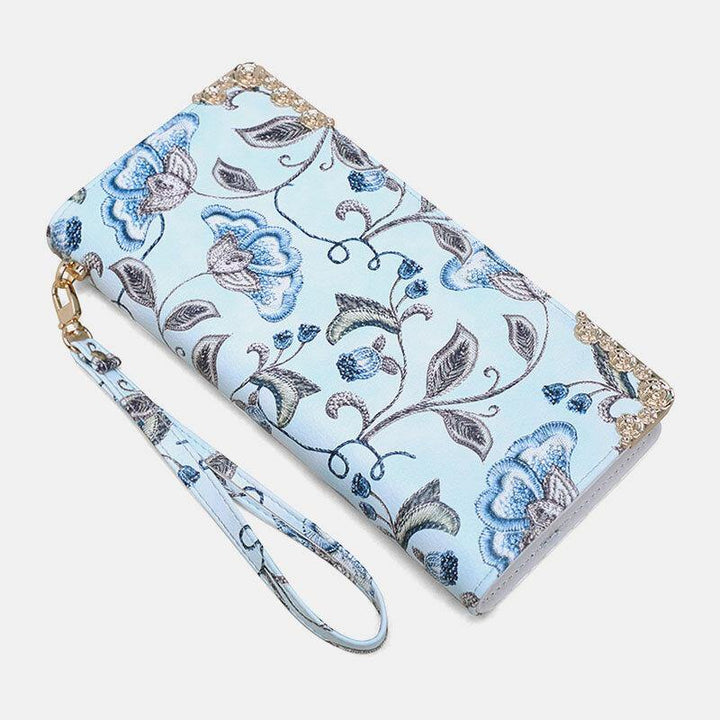 Women PU Leather Floral Embroidery Pattern Clutch Purse Large Capacity Card Holder Wallet - Trendha