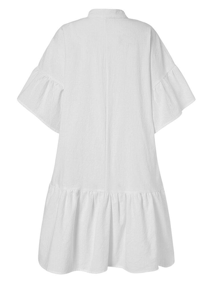 Women Petal Sleeve Irregular Ruffle Hem Pleated Button Casual Mini Dress - Trendha