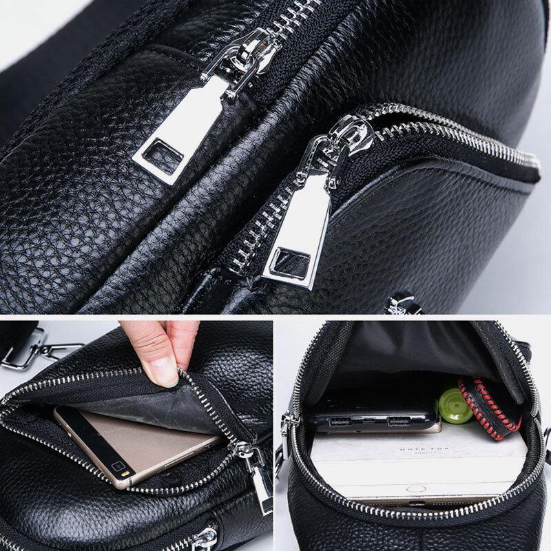 Men Cowhide Genuine Leather Multi-Pocket Double Zipper Breathable Retro Chest Bags Crossbody Bag Shoulder - Trendha
