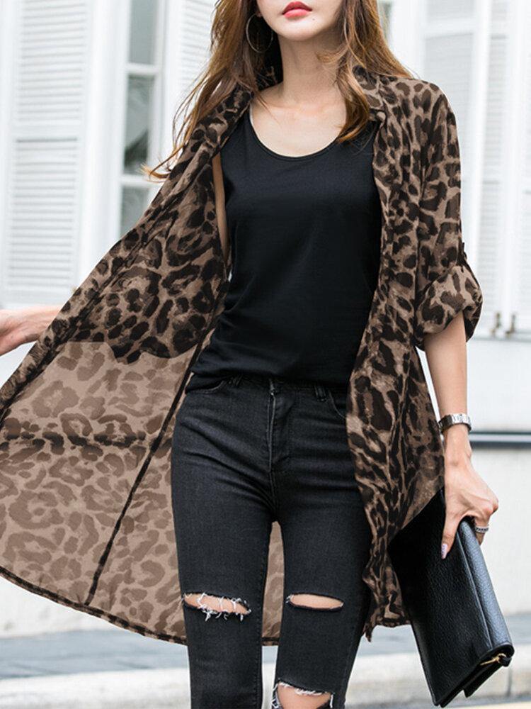 Long Sleeve Thin Light Chiffon Leopard Leisure Cardigan For Women - Trendha