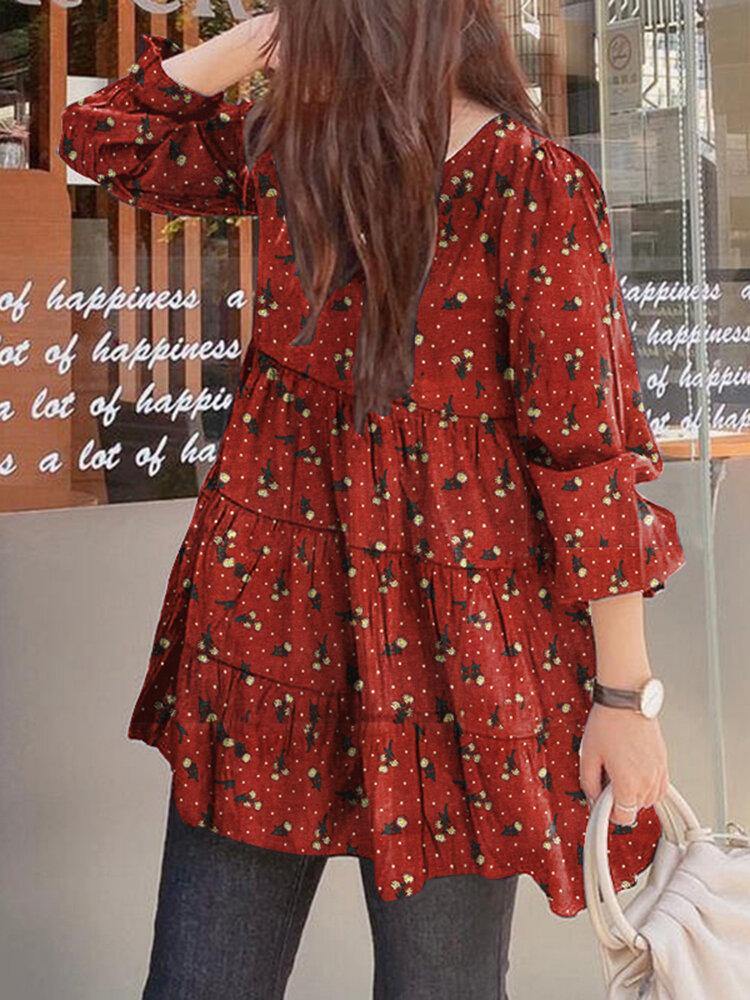 Casual Puff Sleeve Round Neck Long Sleeve Spliced Vintage Pleated Blouse For Women - Trendha