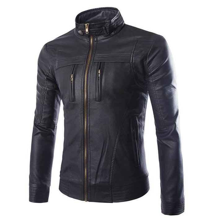 Mens Zipper Stand Collar Black Biker Faux Leather Jacket - Trendha