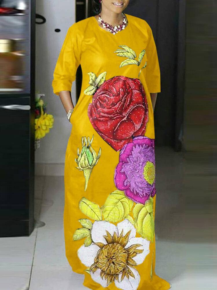Flower Printing Side Pockets Europe Style Fashion Maxi Dress - Trendha