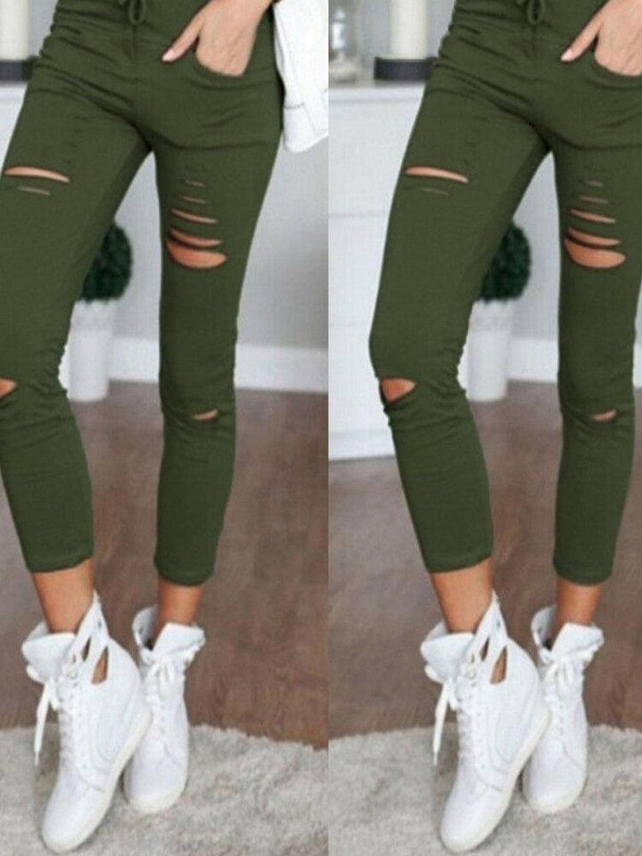 Women Causal Holes High Waist Loose Solid Skinny Jeans - Trendha