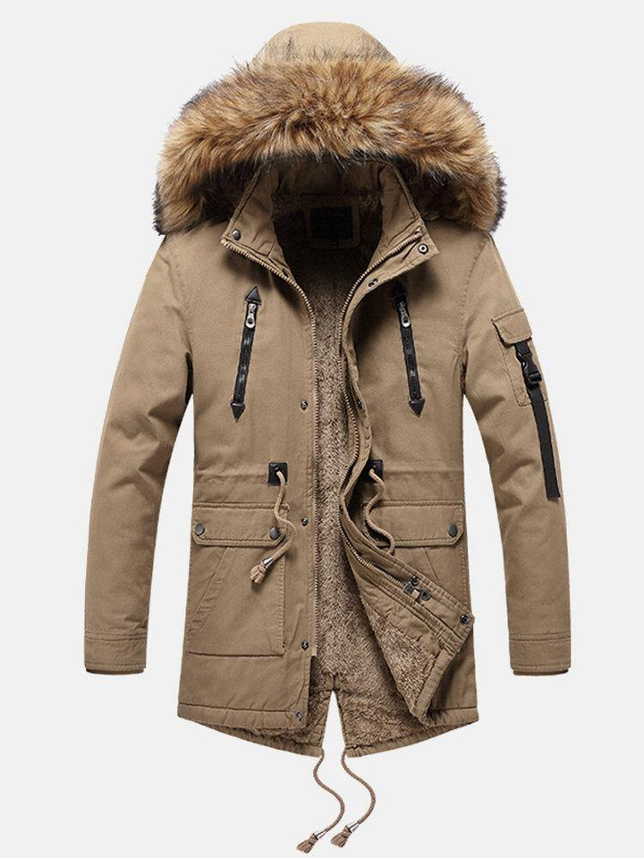 Mens Warm Faux Fur Collar Detachable Hooded Fleece Lined Windproof Coat - Trendha