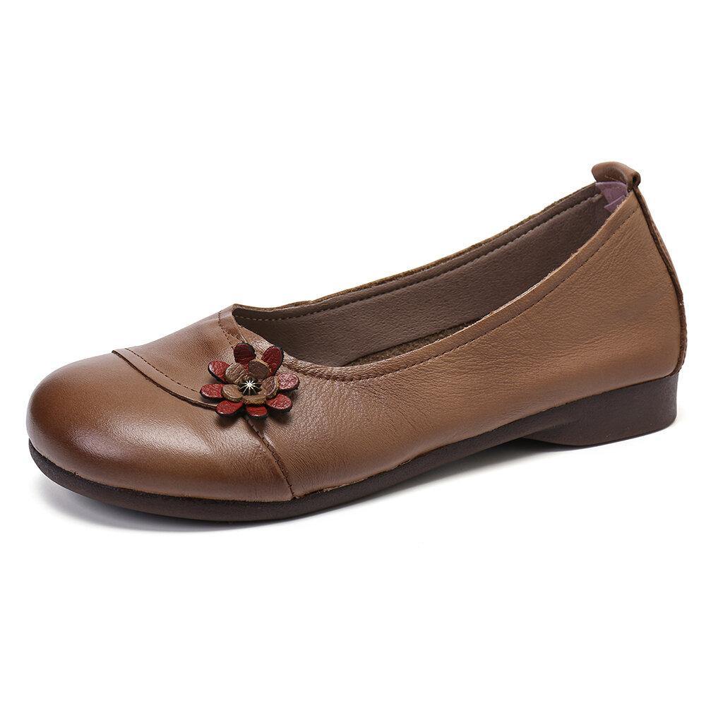 Women's Leather Flowers Slip On Flats Loafers Shoes - Trendha