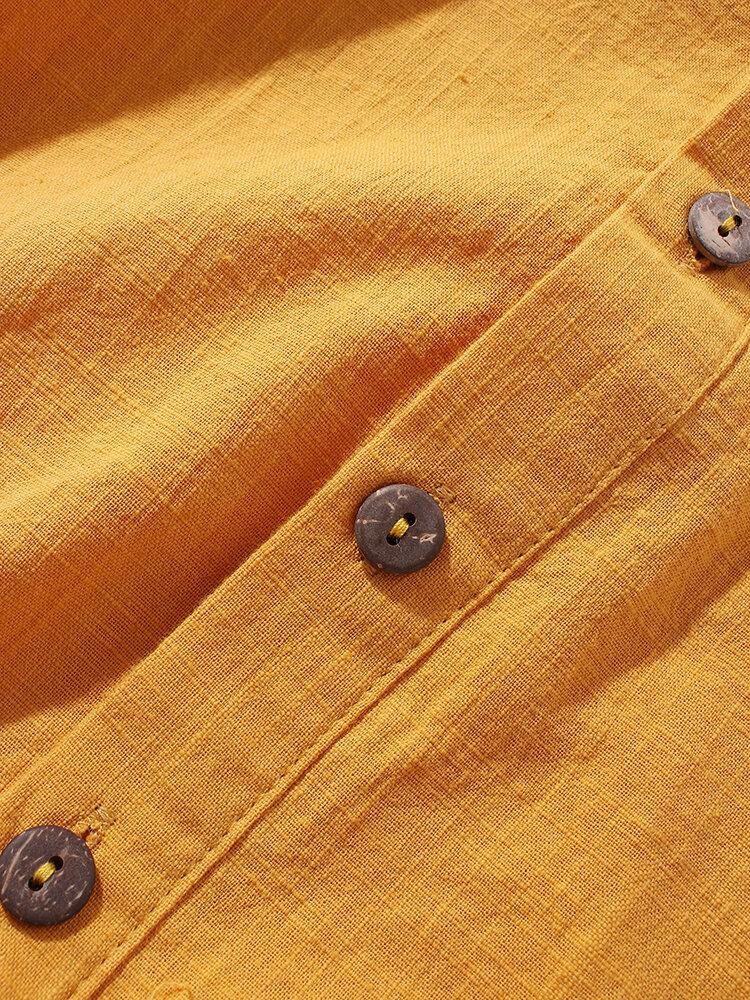Mens Cotton & Linen Long Sleeve Simple Henley Shirts - Trendha