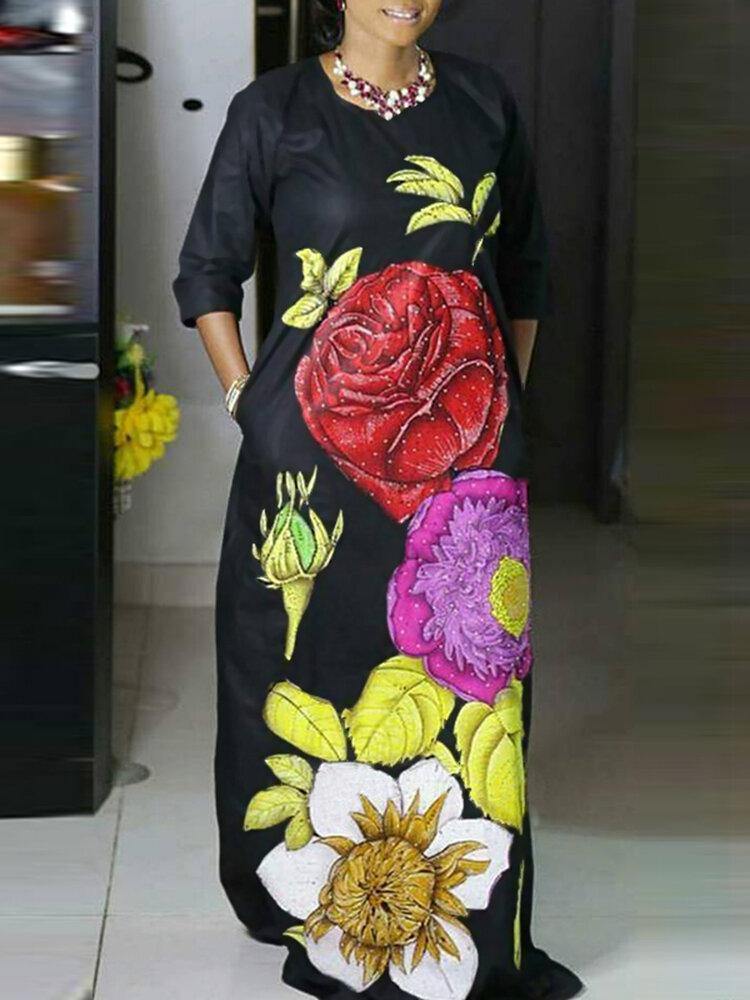 Flower Printing Side Pockets Europe Style Fashion Maxi Dress - Trendha