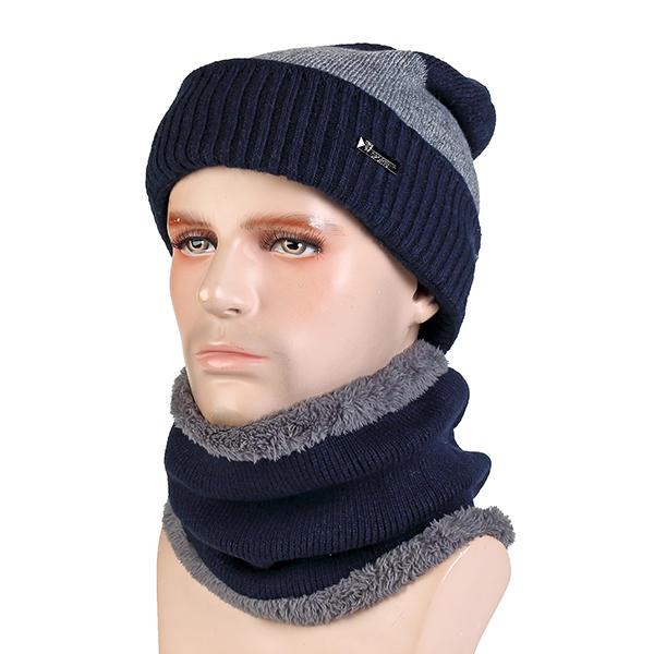 Men Wool Blend Warm Knitted Hat And Scarf Set Winter Outdoor Windproof Beanie Hat Neck Scarf - Trendha