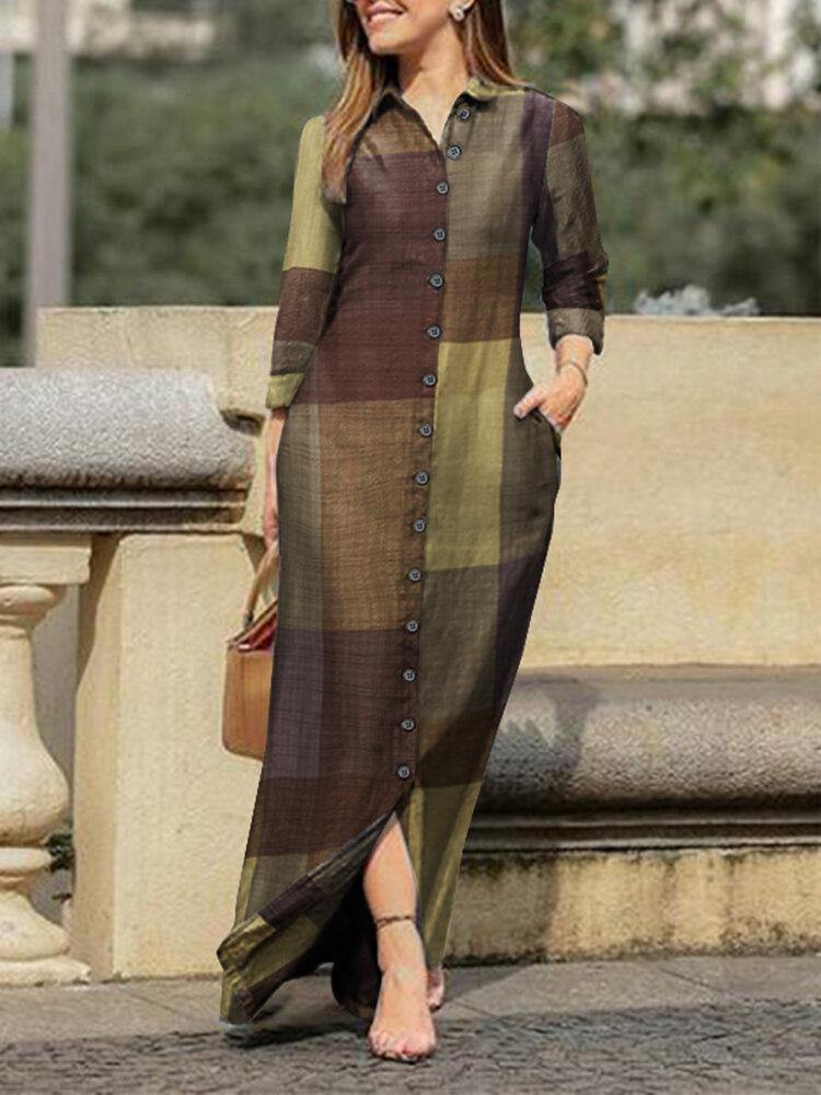 Plaid Print Lapel Button Long Sleeve Shirt Maxi Dress - Casual Style for Women - Trendha