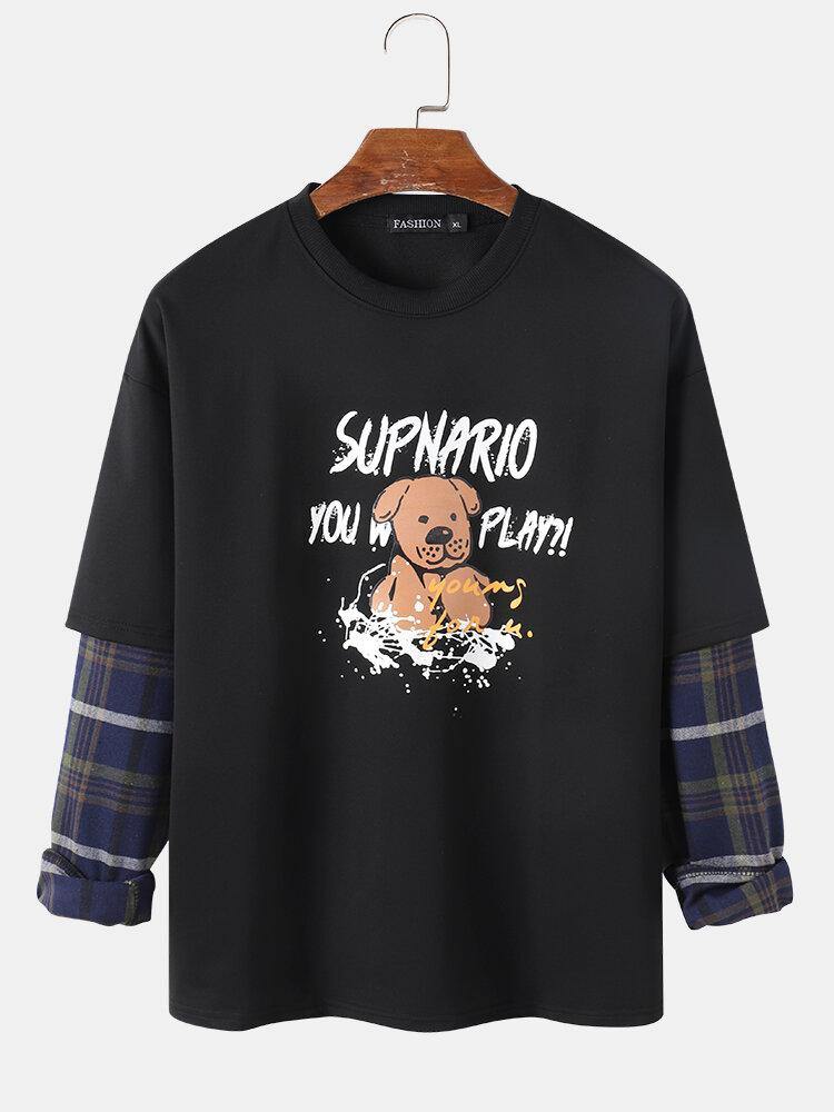 Mens Letter & Cartoon Dog Print Drop Shoulder Patchwork Plaid Sweatshirts - Trendha