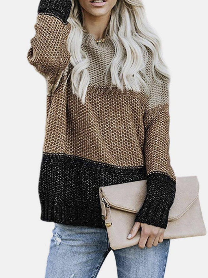 Women Contrast Color Patchwork Round Neck Long Sleeve Knitted Casual Sweater - Trendha