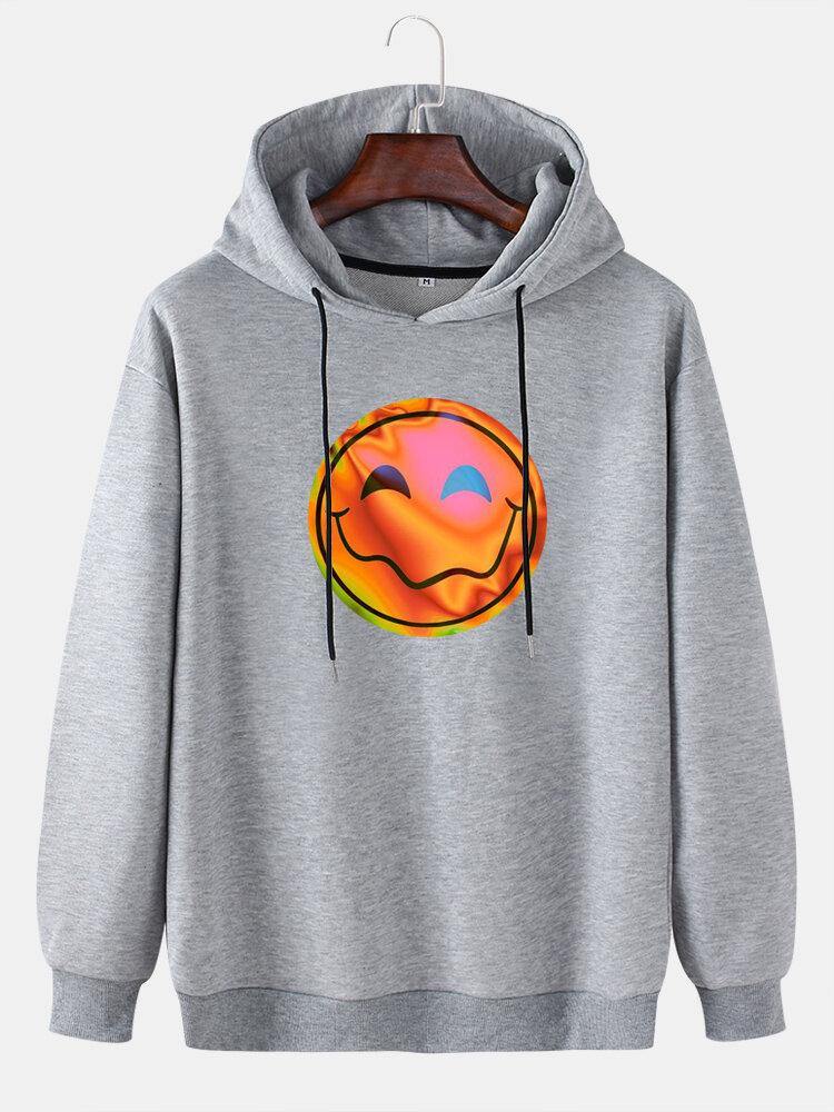 Mens Funny Flame Smile Emojis Print Drawstring Casual Pullover Hoodie - Trendha