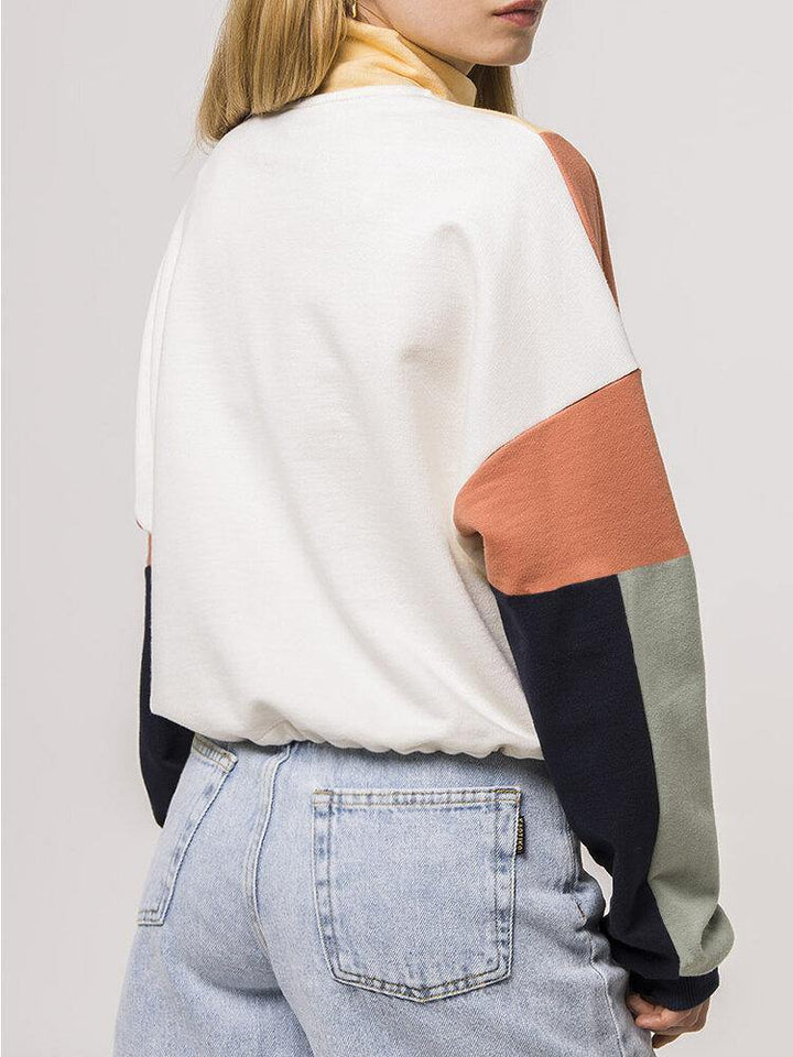 Women Patchwork Half Zipper Front Long Sleeve Pullover Design Sweatshirts - Trendha