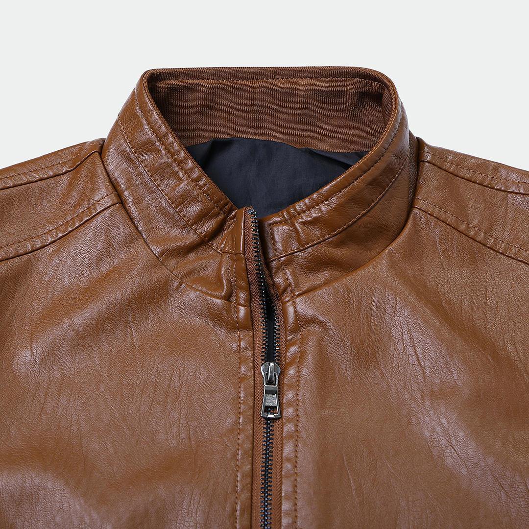 Mens PU Vintage Stand Collar Zipper Thick Casual Jacket - Trendha