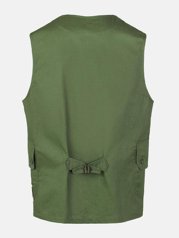 Mens Solid Color Multi Pocket Button Up Sleeveless Outdoor Vests - Trendha