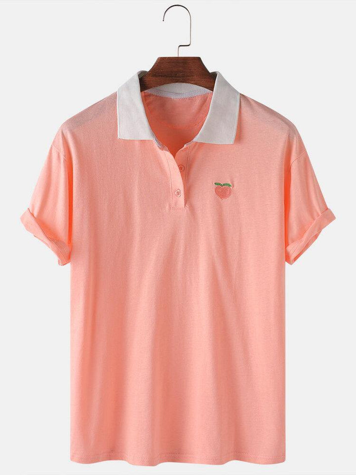 Mens Cotton Fruit Embroidered Loose Light Lapel Collar Golf Shirts - Trendha
