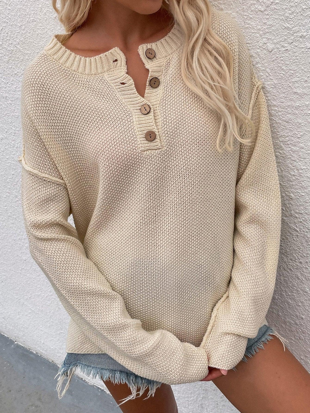 Buttoned Exposed Seam High-Low Sweater - Trendha