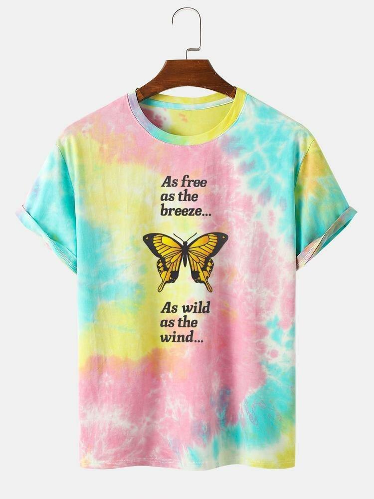 Mens Casual Butterfly Letter Print Street Tie Dye Short Sleeve T-Shirts - Trendha