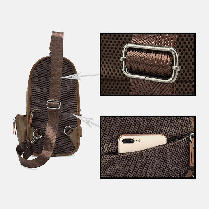 Men PU Leather Vintage Multifunction Earphone Hole USB Charging Crossbody Bag Chest Bag Sling Bag - Trendha