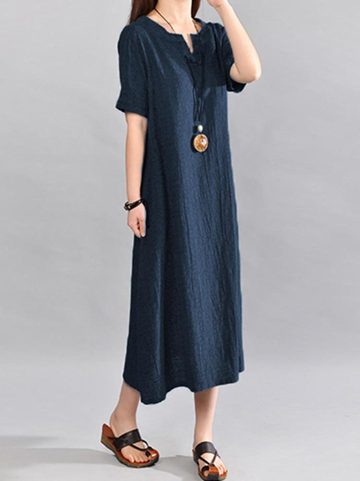 Women Vintage V Neck Short Sleeve Cotton Maxi Dress - Trendha