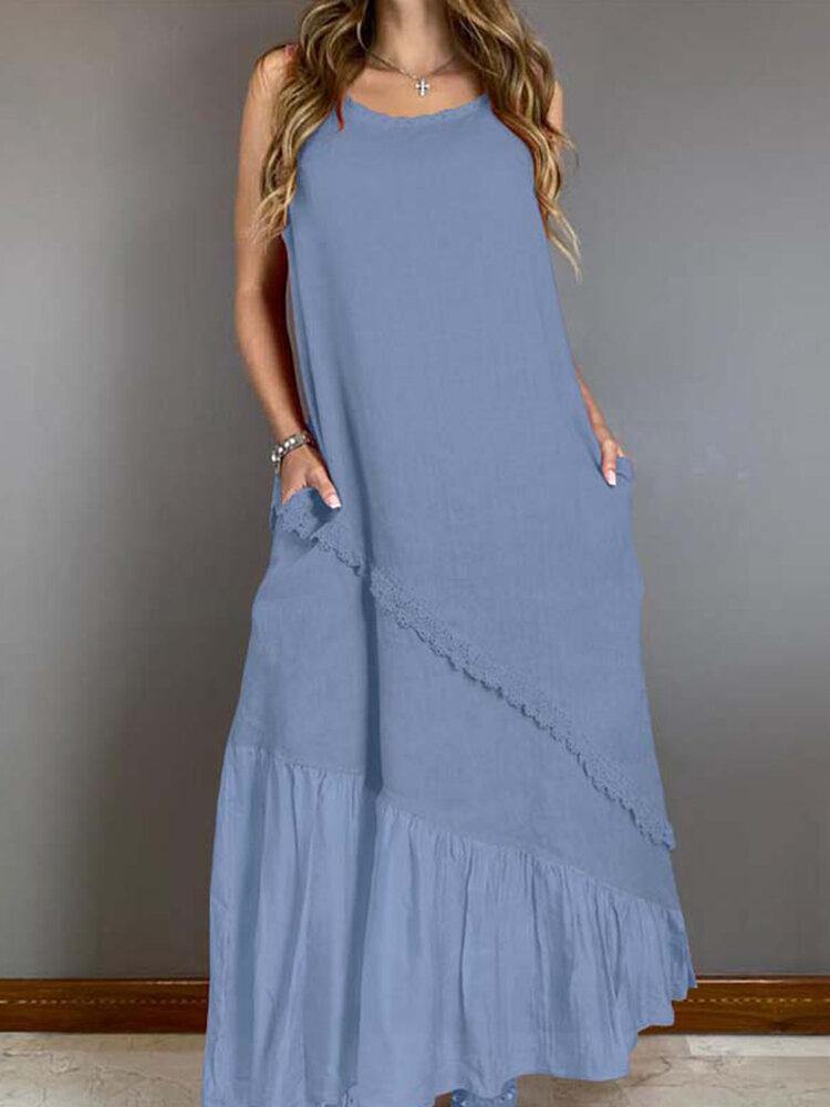 Solid Splicing Sleeveless Leisure Summer Casual Maxi Dress For Women - Trendha